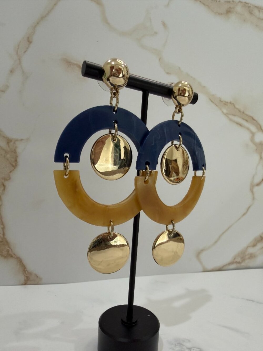 Navy Blue Amber Resin Hoop Drop Earrings Gold Tone Disc Accent Pierced